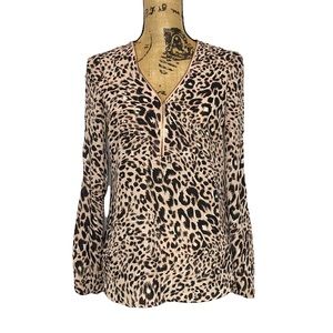 Pink Black Animal Print Cold Arm Zipper V-Neck Blouse XS